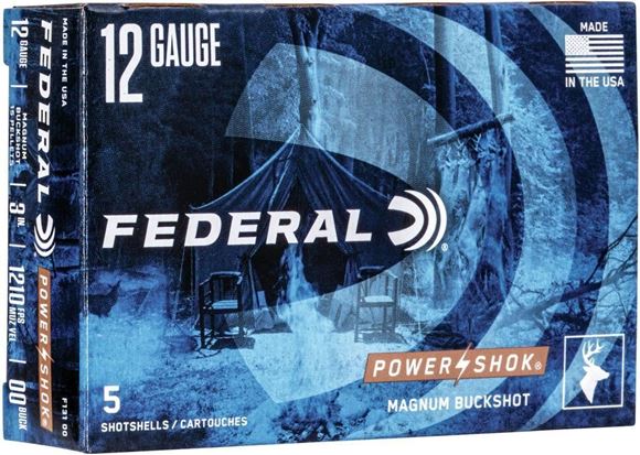 Picture of Federal Power-Shok Buckshot Load Shotgun Ammo - 12Ga, 3"', 00 Buck, 15 Pellets, 1210fps, 250rds Case