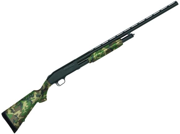 Picture of Mossberg 500 Hunting All Purpose Field Pump Action Shotgun - 12Ga, 3", 28", Vented Rib, Ported, Matte Blued, Wooland Camo Synthetic Stock, 5rds, Twin Bead Sights, Accu-Set