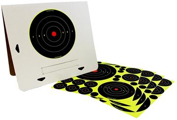 Picture of Birchwood Casey Targets, Shoot-N-C Targets - Target Kit, 4-8", 4-5.5", 8-3", 24-2" Bullseye, One Cardboard A-Frame Stand, 40 Repair Pasters