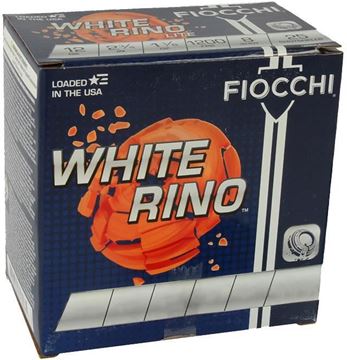 Picture of Fiocchi Sporting Shotshells, Target White Rino Shotgun Ammo - 12Ga, 2-3/4", #8 Shot, 1-1/8 oz, 1250fps, Handicap 25rds Box