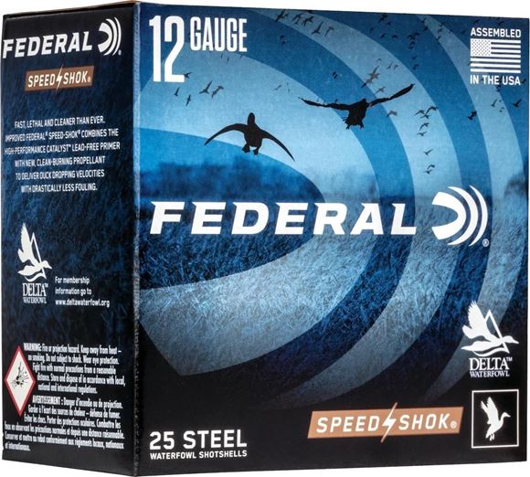 Picture of Federal Speed-Shok Waterfowl Load Shotgun Ammo - 12Ga, 2-3/4", 1-1/8oz, #2, Steel, 1500fps, 250rds Case