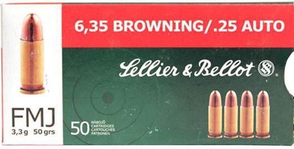 Picture of Sellier & Bellot Pistol & Revolver Ammo - 6.35mm Browning (25 Auto), 50Gr, FMJ, 50rds Box