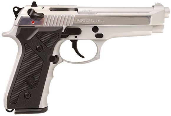 Picture of Girsan Regard MC Bright White DA/SA Semi-Auto Pistol - 9mm, 4.9", Silver w/ Polished Slide, Ambidextrous Safety, Landyard Hole, Black Synthetic Grip, White Dot Combat Sights, 2x10rds