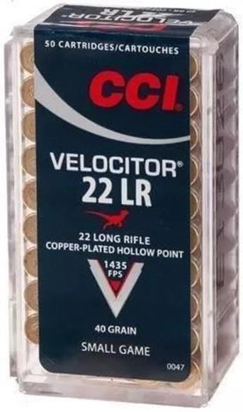 Picture of CCI Small Game Rimfire Ammo - Velocitor, 22 LR, 40Gr, Copper-Plated HP, 5000rds Case, 1435fps