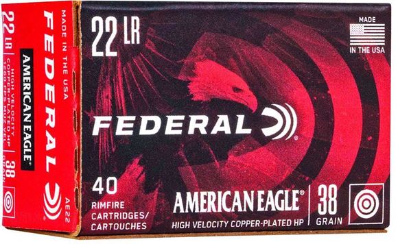 Picture of Federal American Eagle Rimfire Ammo - High Velocity, 22 LR, 38Gr, Copper-Plated HP, 400rds Brick
