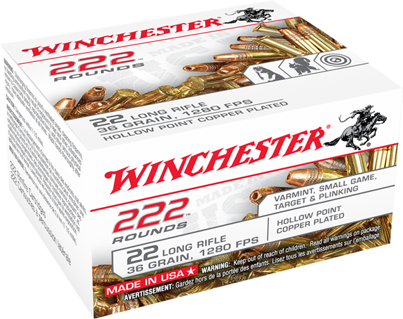 Winchester 222 Rounds Rimfire Ammo - 22 LR, 36Gr, Copper Plated Hollow Point, 222rds Box, 1280fps