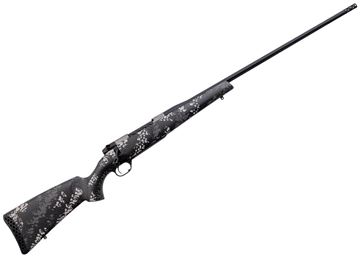Picture of Weatherby Mark V Backcountry TI 2.0 Bolt-Action Rifle - 338 WBY RPM, 18" Fluted Barrel, #2 Contour, Cerakote Finish, Graphite Black,Grey and White Sponge Accents, Carbon Fiber Stock, Muzzle Brake, 3 Rounds