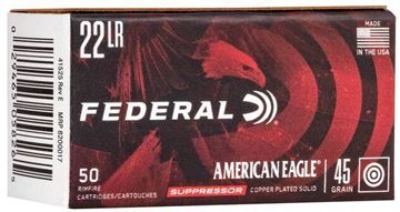 Picture of Federal American Eagle Suppressor Rimfire Ammo - Subsonic, 22 LR, 45Gr, Copper-Plated Solid, 500rds Brick, 970fps