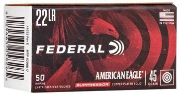 Picture of Federal American Eagle Suppressor Rimfire Ammo - Subsonic, 22 LR, 45Gr, Copper-Plated Solid, 50rds Box, 970fps