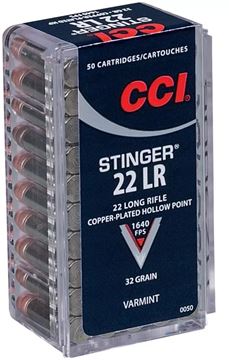 Picture of CCI Varmint Rimfire Ammo - Stinger, 22 LR, 32Gr, CPHP, 50rds Box, 1640fps