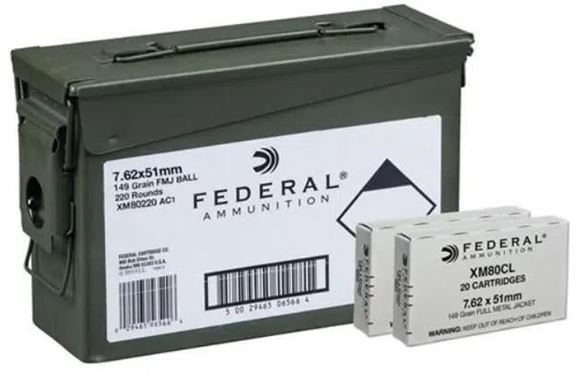 Federal, American Eagle Rifle Ammo - 7.62x51mm NATO, 149Gr, Full Metal Jacket Ball, 220 rds Loose In Ammo Can
