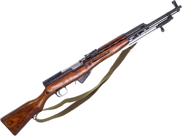 Picture of Used Siminov SKS Semi-Auto Rifle, 7.62x39, 20" Barrel, Full Military Wood, Laminate Stock, With Canvas Sling, Bayonet, Mag Release Extension, 1952 Tula Manufacture, Good Condition