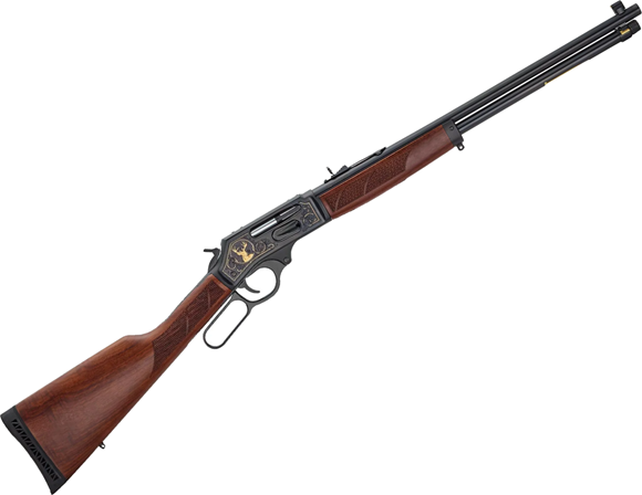 Picture of Henry Steel Wildlife Edition Side Gate Lever Action Rifle - 30-30 Win, 20", Blued Steel Receive, Engraved 24k Gold Buck�s head Portrait On The Right Side, Oval-Framed Leaping Buck On The Left Side,  American Walnut Stock, AdjustableSemi-Buckhorn With Di