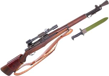 Picture of Used Winchester M1D Garand Semi-Auto Rifle, 30-06 Sprg, 24" Barrel, Full Military Wood, With Danish M84 Riflescope, Conical Flash Hider, Leather Cheek Piece, Leather Sling, Bayonet, 3 Clips, 1945 Mfg, Very Good Condition