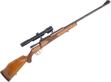 Picture of Used Mauser Model 66 Bolt-Action 9.3x64mm, 26" Heavy Barrel, With Zeiss Diavari 1.5-6x36mm Scope on Claw Mounts, Walnut Stock, Double Set Trigger, Crack in Stock (Repaired), Overall Good Condition