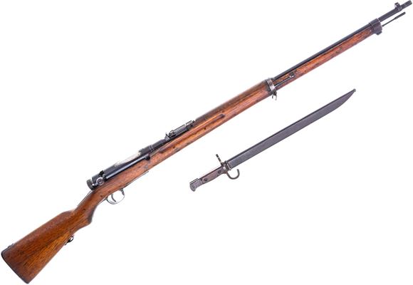 Picture of Used Arisaka Type 38 Bolt-Action Rifle, 6.5 Japanese, 31.5" Barrel, Blued, Full Military Wood Stock, Chrysanthemum Intact, Dust Cover, Bayonet, Koishikawa Factory, Crack on Tang, Otherwise Good Condition