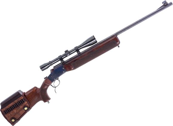 Picture of Used Haenel KK Sport Falling-Block Rifle, 22LR, 28" Octagonal Barrel, Blued, Wood Stock, Weaver K6-E Riflescope, Tourbon Cheekpiece Shell Holder, Fair Condition