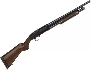 Picture of Mossberg 500 Retrograde Pump Action Shotgun - 12Ga, 3", 18.5", Blued, Walnut Stock w/ Corncob Forend, 6rds, Front Bead Sight, Fixed Cylinder