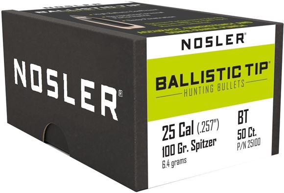Picture of Nosler 25100 Rifle Bullets 25Cal 100Gr Ballistic Tip Spitzer .257 Blue Tip 50Bx