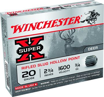 Picture of Winchester Super-X Slugs Shotgun Ammo - 20Ga, 2-3/4", 3/4oz, Rifled Slug Hollow Point, 5rds Box, 1600fps