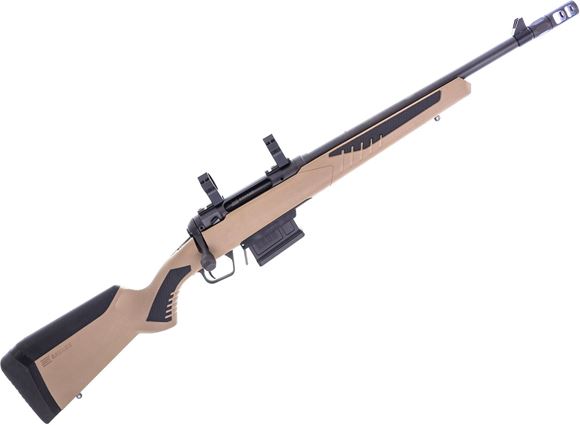 Picture of Used Savage 110 Scout Bolt-Action Rifle, 308 Win, 18.5" Barrel, Blued, FDE Synthetic Stock, Steiner 30mm Scope Rings, Muzzle Brake, 3 Magazines, Forward-mounted Rail, Rear Aperture Sight, Original Box, Very Good Condition