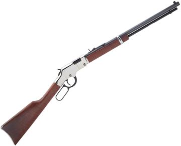 Picture of Henry "Silver Boy" Rimfire Lever Action Rifle - 22 S/L/LR, 20" Octagon Barrel, Blued, Silver Receiver, American Walnut Stock, 15rds, Hooded Front & Adjustable Rear Sights