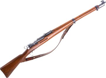 Picture of Used Schmidt Rubin K31 Straight-Pull Rifle, 7.5x55, 25" Barrel, Full Military Wood Stock, Matching Numbers, Leather Sling, 2 3D Printed Clips, Muzzle Protector, Hard Case, Crack At Tang, Overall Good Condition