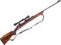 Picture of Used Browning FN Safari Bolt Action Rifle, 308 Norma Mag, 24'' Barrel w/Sights, Wood Stock, Browning 4x Scope Tipp Over Mount, Bluing Is Very Worn, Some Pitting, Stock is Scratched And Worn, Leather Sling, Poor Condition