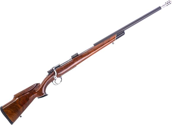 Picture of Used Custom Belgian Mauser Bolt-Action Rifle, 30-06 Sprg, 24" IBI Carbon Fiber Barrel, Wood Stock, Timney Trigger, Engraved Floorplate, Muzzle Brake, Limbsaver Pad, Very Good Condition